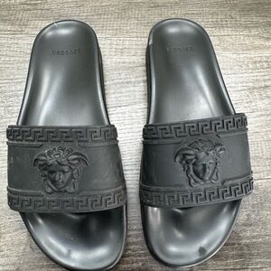 Versace Black Medusa Greek Key Rubber Slide Sandals